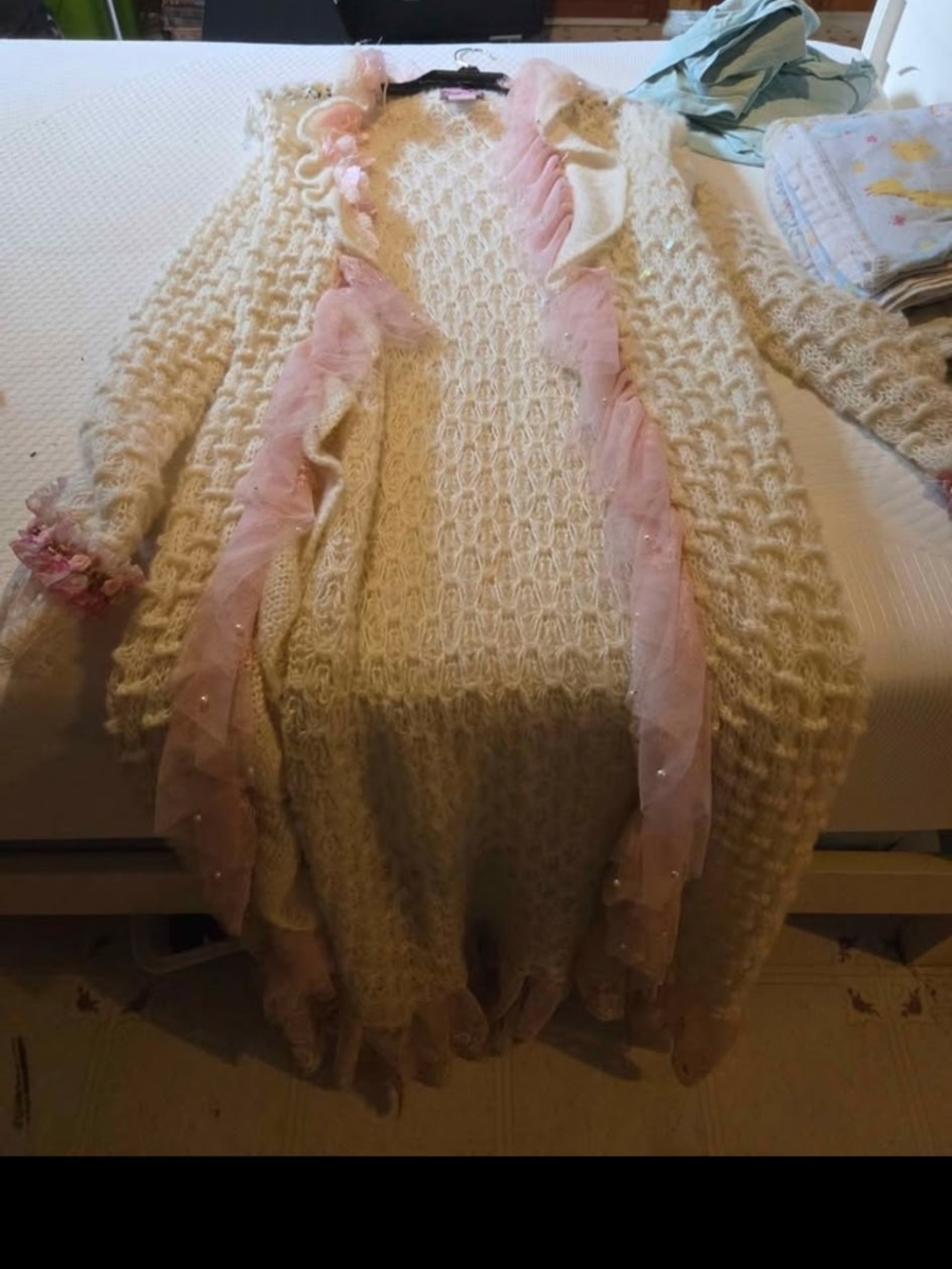 April Cornell Cream Knit Longline Cardigan with Pink Ruffle Trim